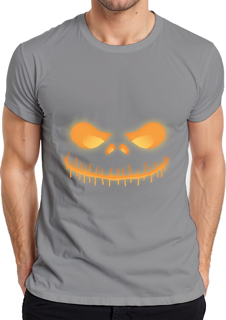 Halloween Grinsender Totenkopf Leuchtend Neon Gelb Horror Glühend Herren T-Shirt, Grau, S
