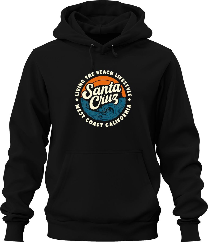 Santa Cruz Kalifornien Westküste Surfen Wellen Retro Strandleben Uni Hoodie Kapuzenpullover, Schwarz, M