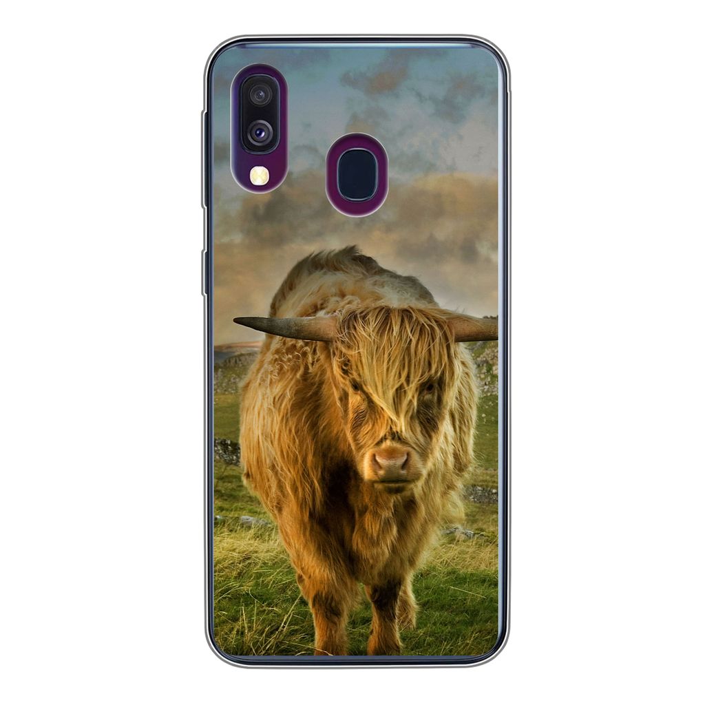 MuchoWow Handyhülle Schutzhülle Hülle für Samsung Galaxy A40 Schottischer Highlander - Gras - Berg Silikon Softcase Handy Hülle - Handy-Tasche