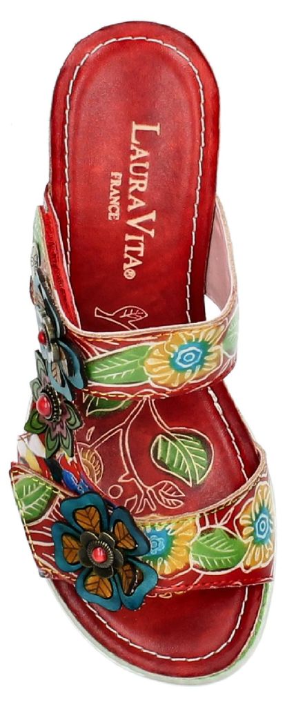Laura Vita Damen Pantolette Blütenapplikation Keilabsatz in Korkoptik Bonito 31, Größe:38 EU, Farbe:Rot
