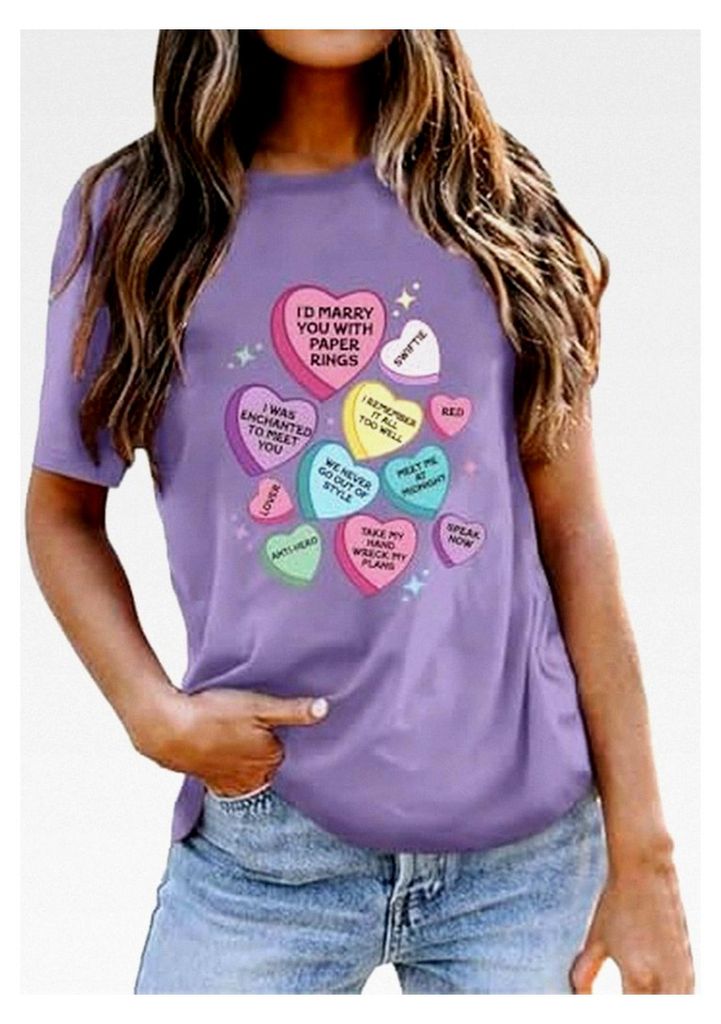 Damen T-Shirt Valentinstag Kurzarm Rundhals Sweatshirt Herz Druck Oberteile Festlich Casual Locker Bequem