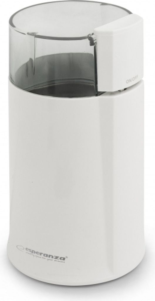 A white electric coffee grinder with a clear lid, shown against a white background.
