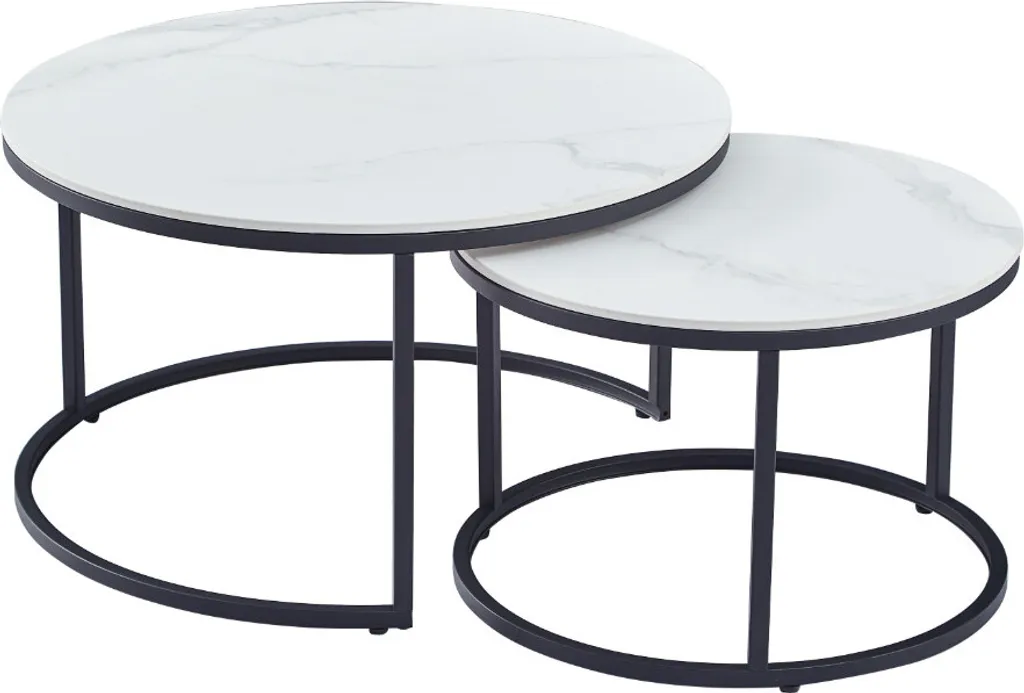 Tables Basses Rondes Gigognes en Pierre Frittée Motif Marbre Blanc