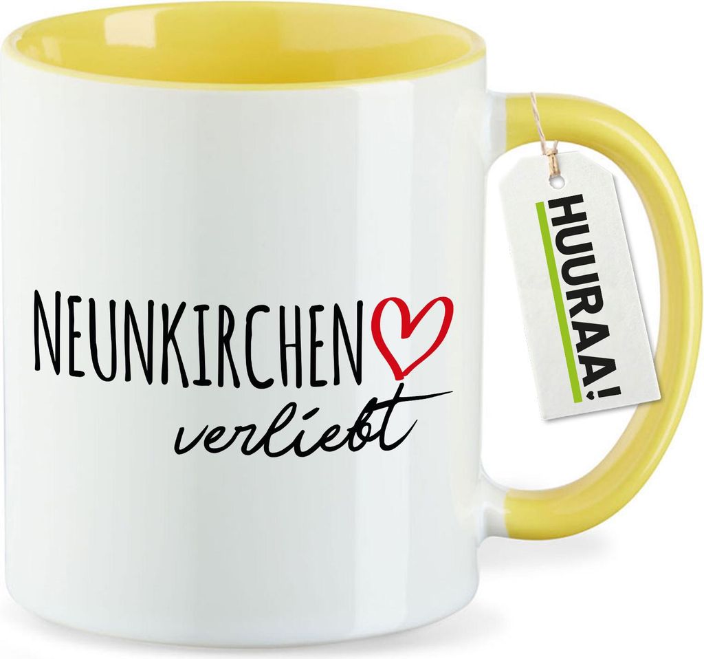Huuraa Kaffeetasse Neunkirchen verliebt 330ml Gelb Keramik Kaffeebecher Geschenkidee
