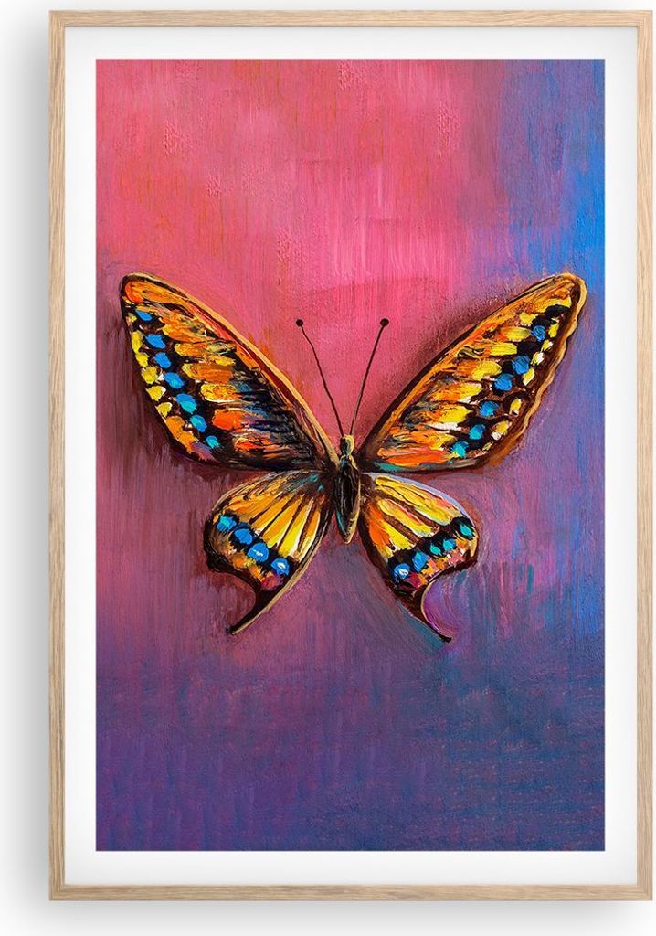 Gerahmtes Poster - Rahmen in heller Eiche - Schmetterling bunt gemalt - 61x91,5 cm - Wand Bild - Wanddeko - Wandbilder - Kunstposter - Wandposter -...