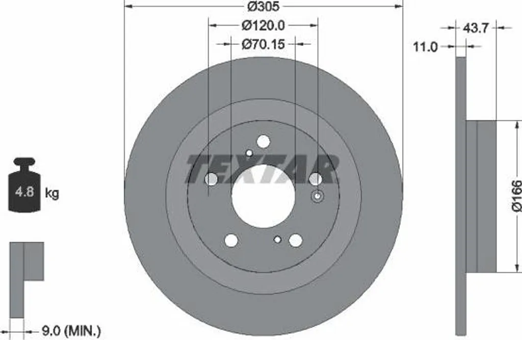 Disque de frein arrière ventilé Textar 92308403 pour modèle Civic X