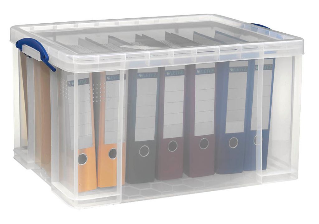 A clear plastic storage box filled with ring binders.
