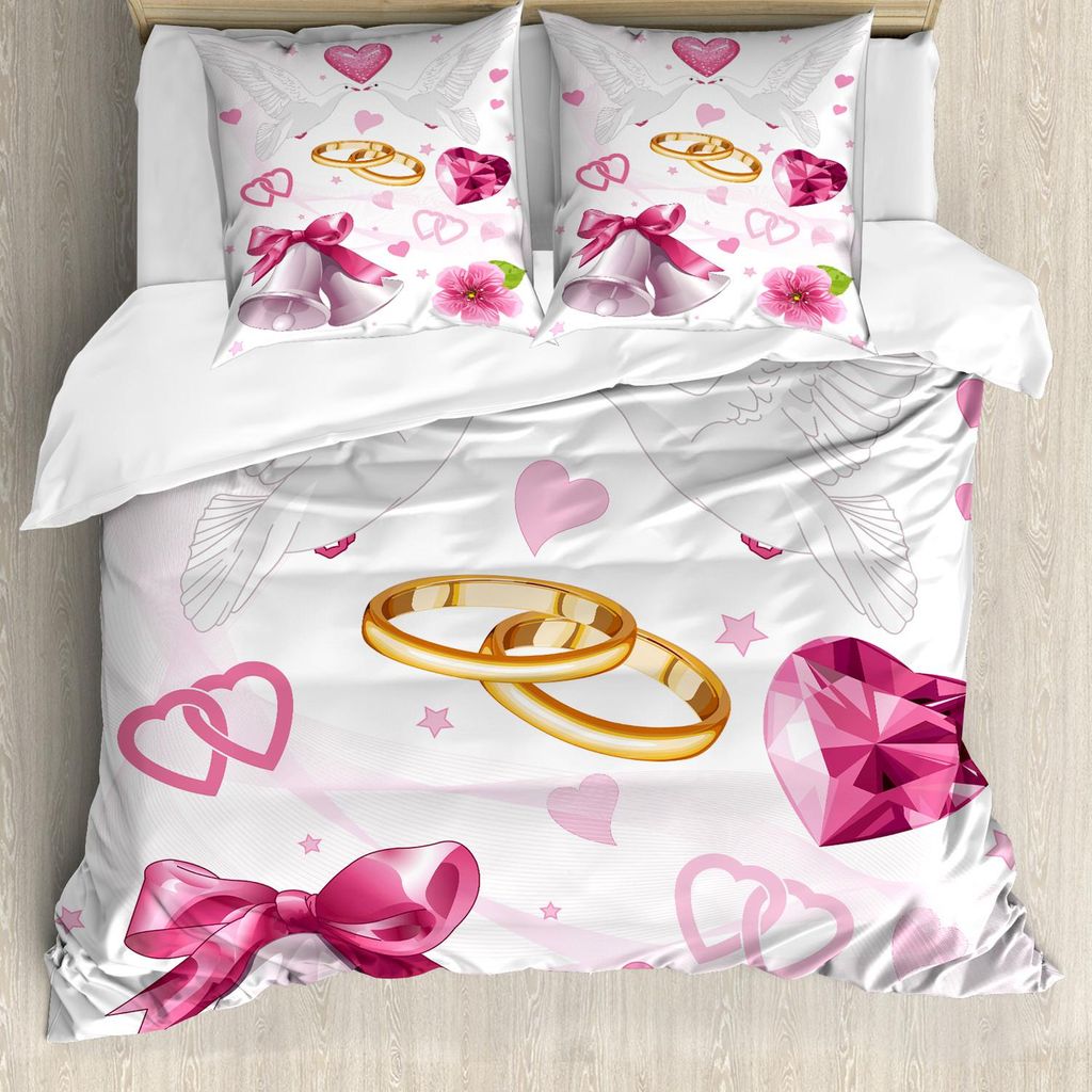 ABAKUHAUS Hochzeit Bettbezug Set, Hochzeits-themenorientierte Grafik-Einladungs-Mitteilungs-Herz-Ring-Vogel-Glück, 200 x 200 cm + 80 x 80 cm, Rosa...