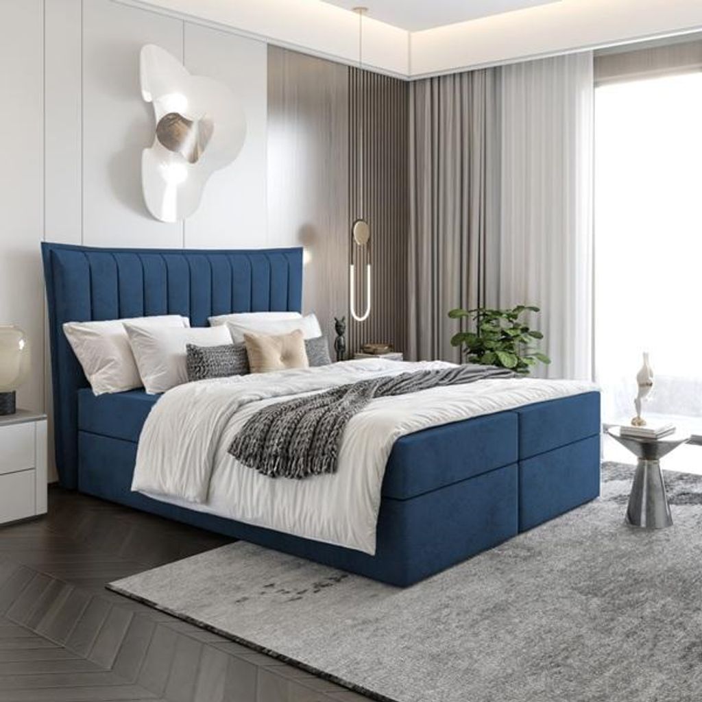 Bett Boxspringbett LUNA mit Topper T25 und Bettkästen - Doppelbett, Stauraum, Schlafzimmer, Polsterbett, Bettgestell (120x200, Dunkelblau - ITAKA 11)