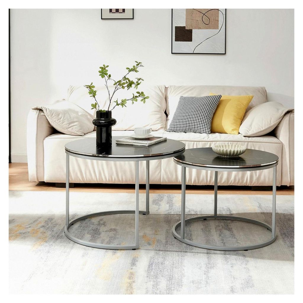 Couchtisch-Set 2er Skagen Wohnzimmertische Beistelltische rund Satztisch Metallgestell Marmoroptik, schwarz/Silberfarben
