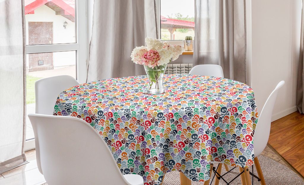 ABAKUHAUS Bunt Runde Tischdecke, Halloween Theme Schädel, Kreis Tischdecke Abdeckung für Esszimmer Küche Dekoration, 150 cm, Mehrfarbig