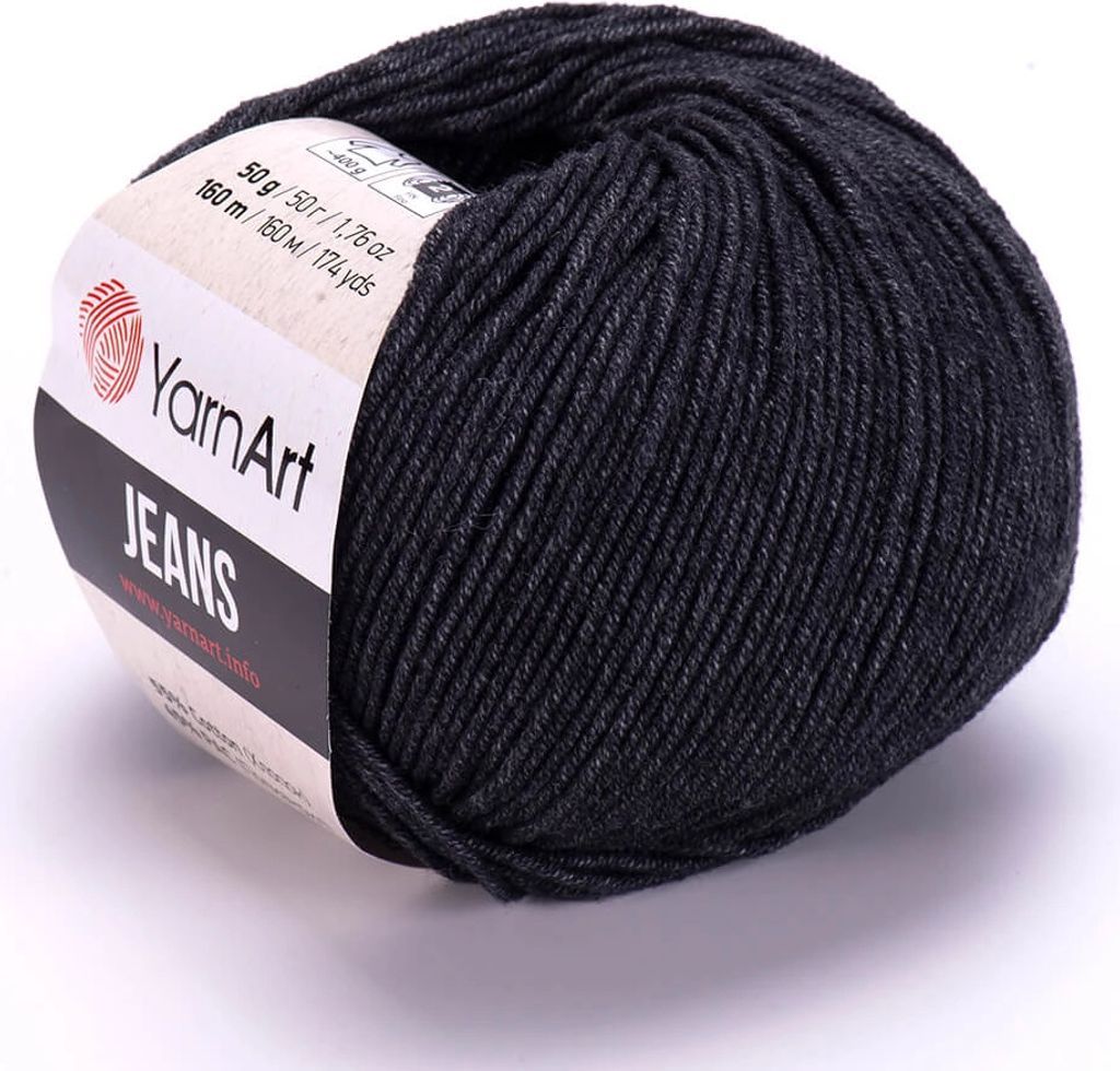 A ball of dark gray yarn with a label.