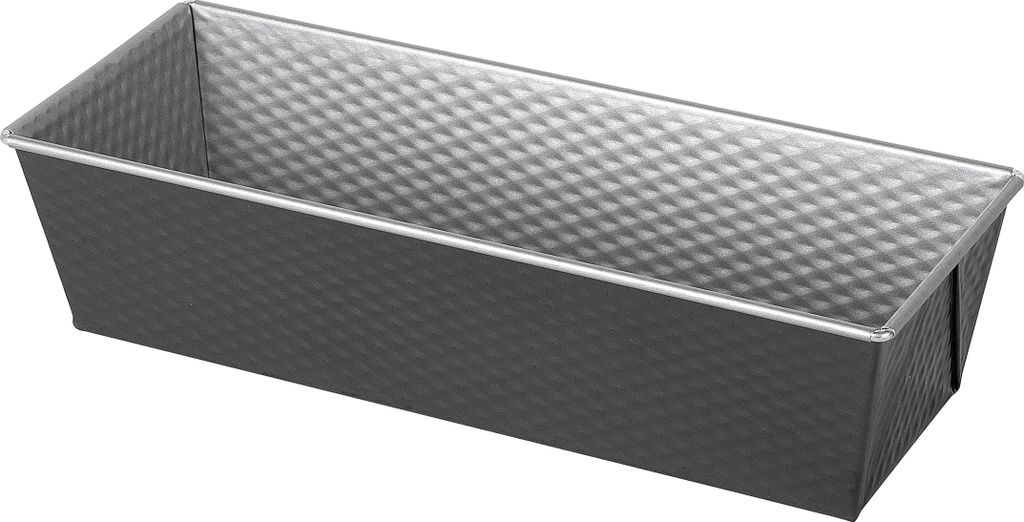 A loaf pan is shown from a diagonal angle against a white background.