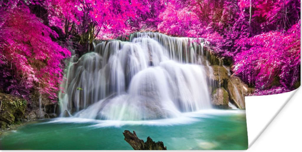 MuchoWow Poster Wasserfall - Rosa - Bäume 80x40 cm - Wanddeko