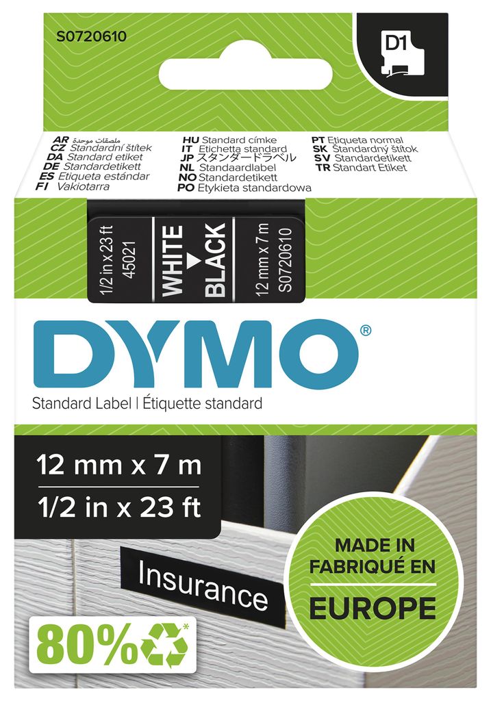 DYMO D1  Schriftband 45021  12mmx7.0m weiß   ->schwarz Image du produit 