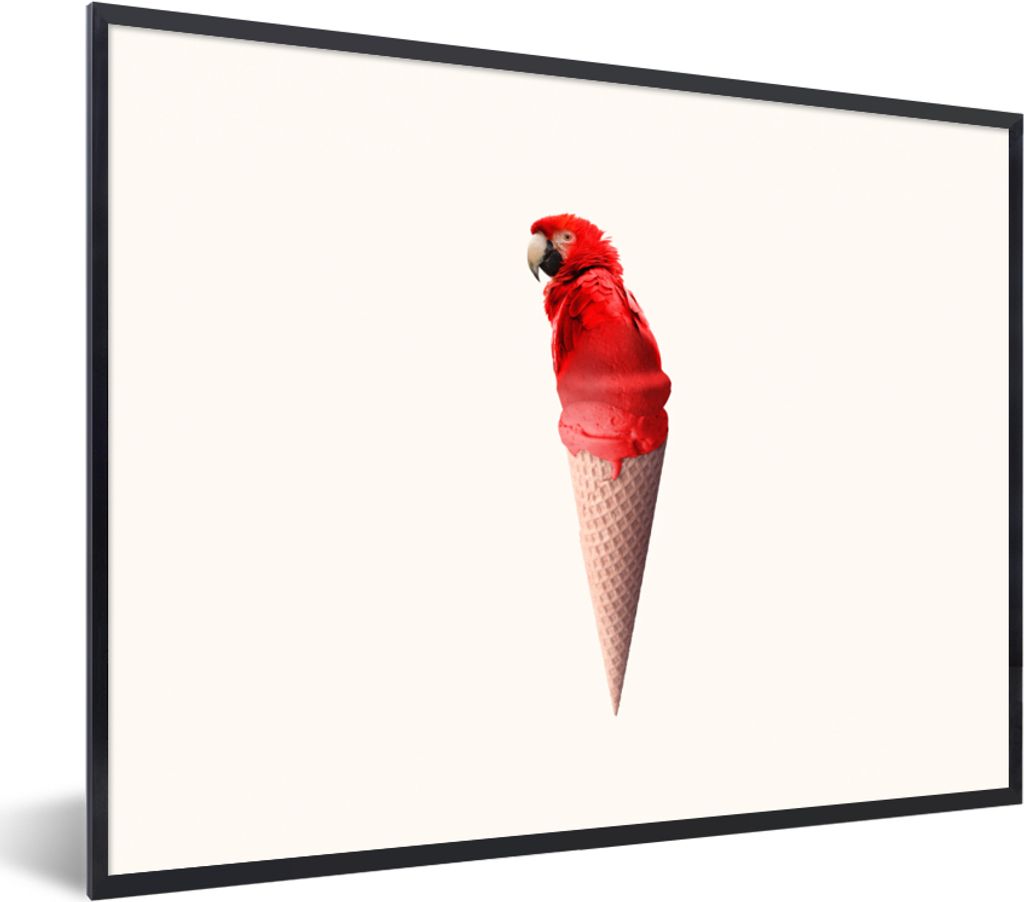MuchoWow Gerahmtes Poster Eiscreme - Papagei - Rot - Eistüten - Weiß 40x30 cm - Poster mit Schwarzem Bilderrahmen Wandposter Rahmen Foto Bilder...