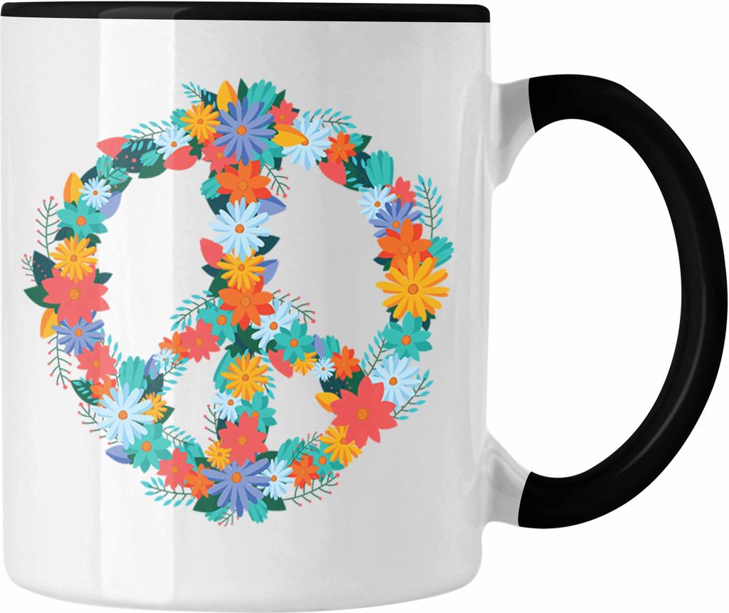Trendation - Peace Zeichen Tasse Frieden Hippie 90er 80er Grafik Geschenk Blumen (Schwarz)