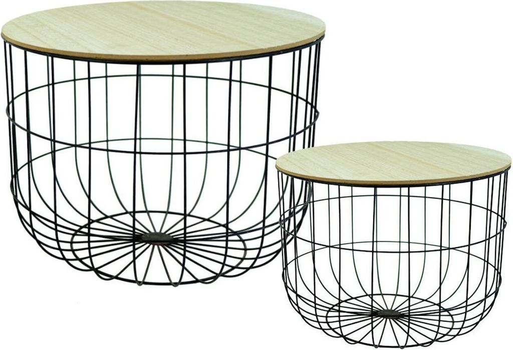 2er Set Couchtisch mit Holzplatte und Drahtkorb Dekotisch Produktbild 