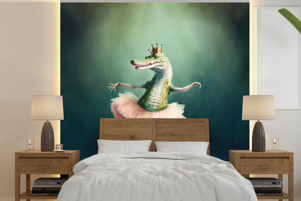 MuchoWow Fototapete für Wohnzimmer oder Schlafzimmer Wandtapete Vinyl Motivtapete Krokodil - Krone - Gold - Ballett - Porträt - Kinder - 300x30...