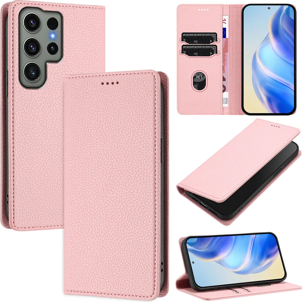 Cover Portafoglio S23 Ultra Rosa Pelle Litschi - Glamour e Protezione