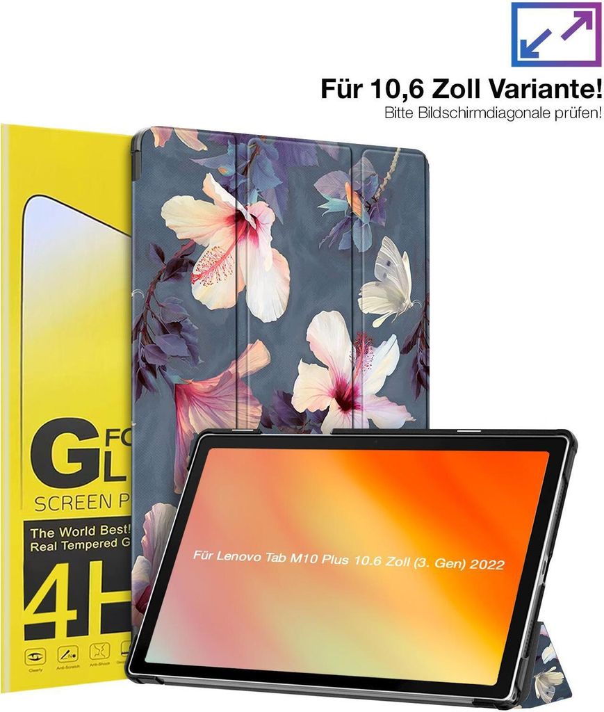 Schutzhülle + 2x 4H Displayfolie für Lenovo Tab M10 Plus 10.6 3. Gen 2022 Cover Case Schutz Tablet Farbe: Blühender Hibiskus