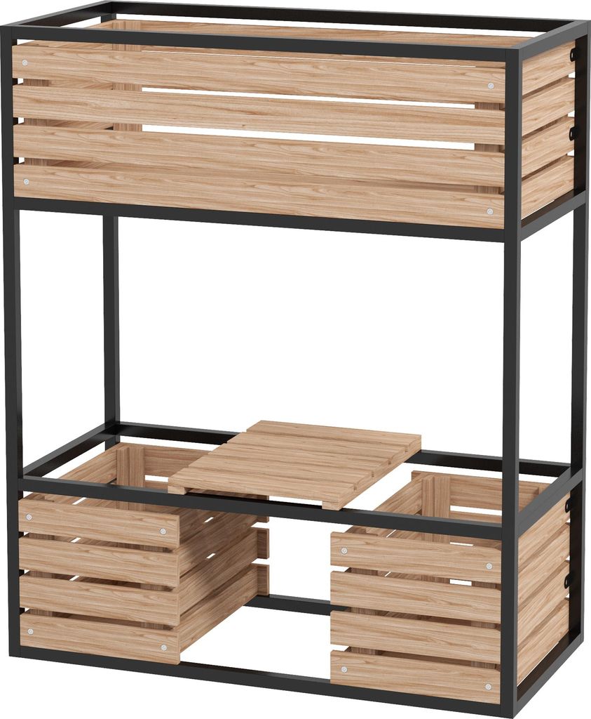 Planzkasten Blumentreppe Hochbeet, weterbeständig, 3 Pflanzkästen, 83 cm x 39 cm x 100 cm, Natur + Schwarz