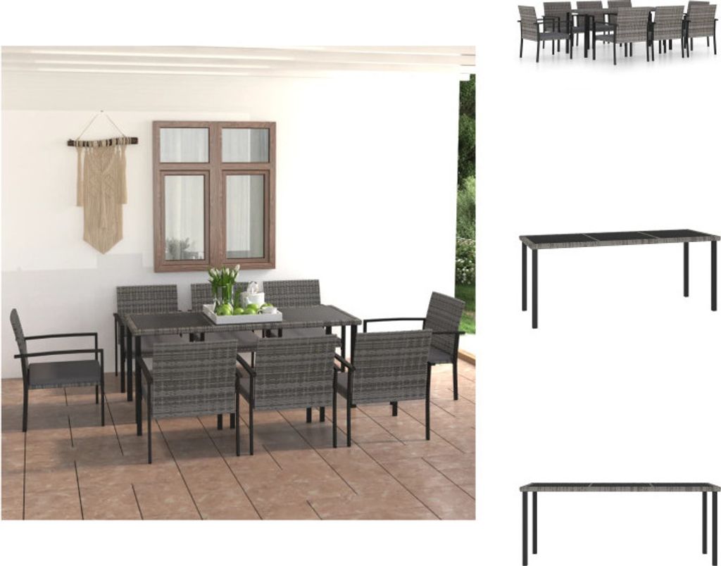 vidaXL 9-tlg. Garten-Essgruppe Poly Rattan Grau - Gartenmöbel-Sets