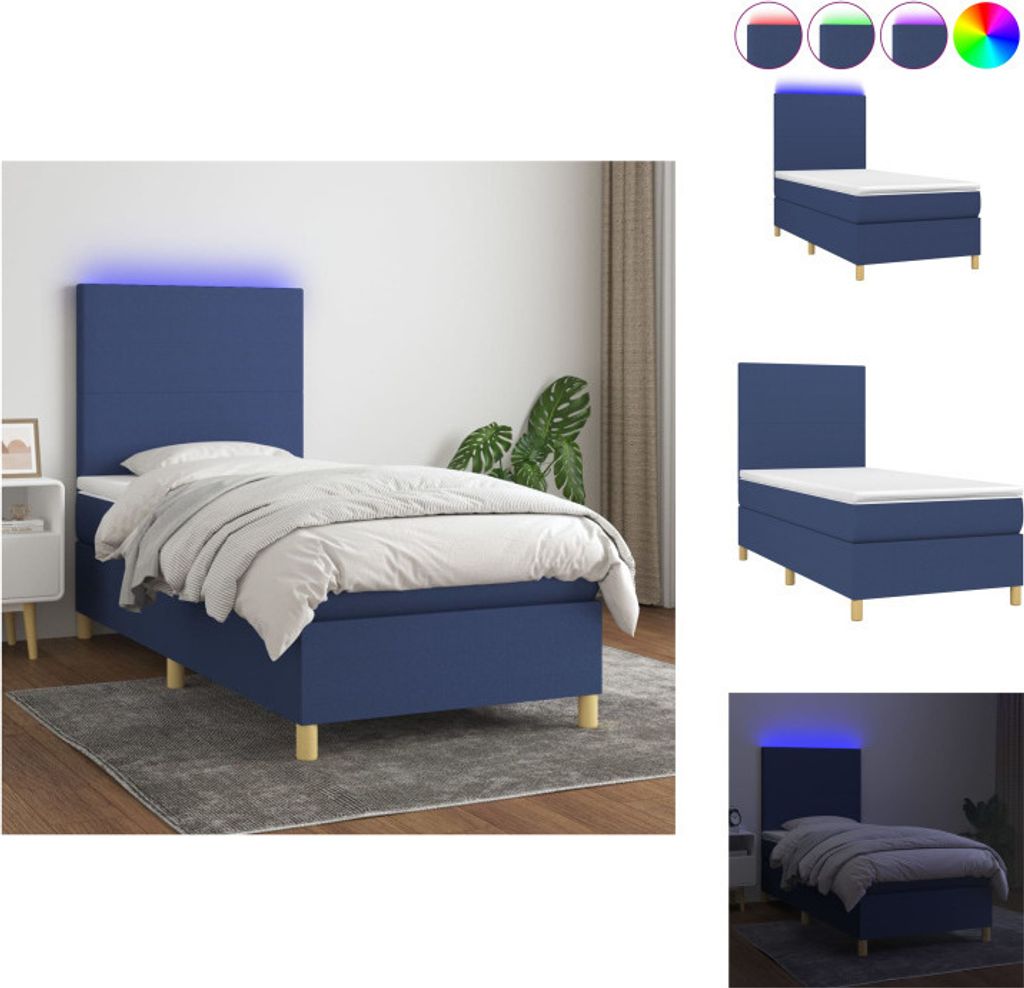 vidaXL Boxspringbett mit Matratze & LED Blau 100x200 cm Stoff - Betten & Bettgestelle