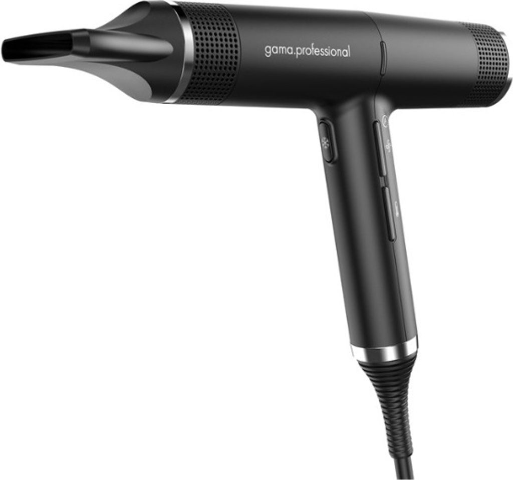 A black professional hairdryer is shown against a white background.