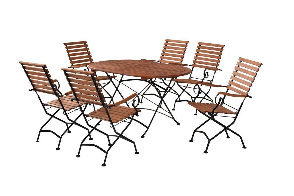 Merxx Gartenmöbelset Schlossgarten 7tlg., 6 Klappsessel, Klapptisch 140 x 90 cm - Flachstahl mit Eukalyptus
