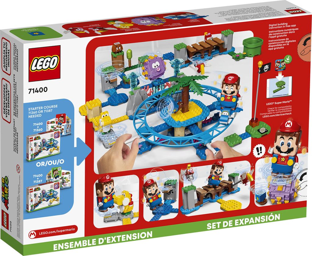 The image shows the back of a LEGO Super Mario expansion set box, displaying various play scenarios and product details.
