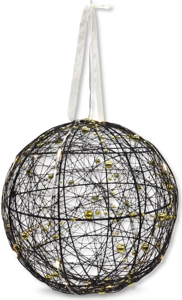 Lichter-Kugel mit LED aus Draht und Perlenkette schwarz gold Ø 20cm Dekokugel Weihnachtsdeko