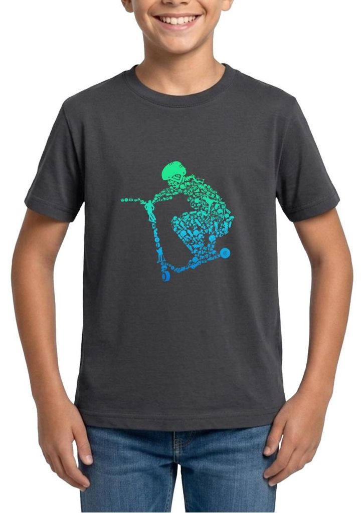 Spreadshirt Scooter Roller Stunt Freestyle Mit Helm Sprung Teenager T-Shirt, 152/164 (12-14 Jahre), Dunkelgrau