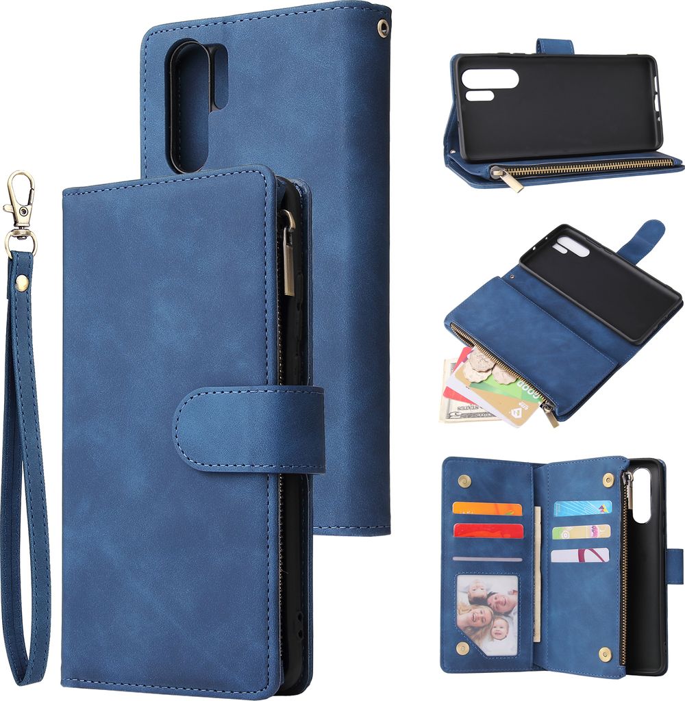 Für HUAWEI P30 lite pro Multi-Karten-Halterung Münze Geldbörse Reißverschluss Handy Kunstleder Case 2 blau