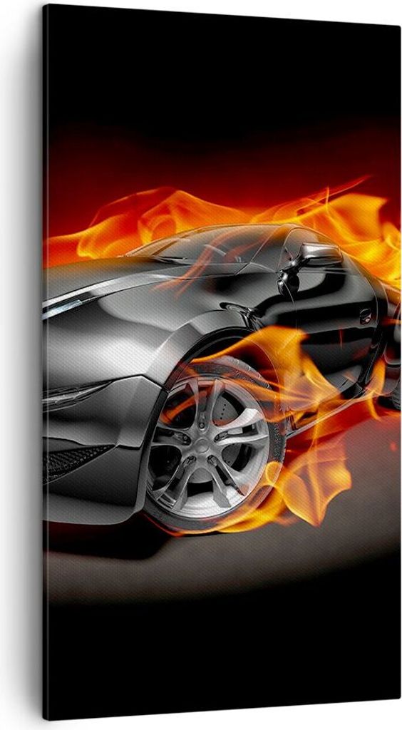 Bild auf Leinwand - Leinwandbild - Sportwagen Feuer Flammen Rauch - 45x80cm - Wand Bild - Wanddeko - Leinwanddruck - Bilder - Kunstdruck - Wanddeko...