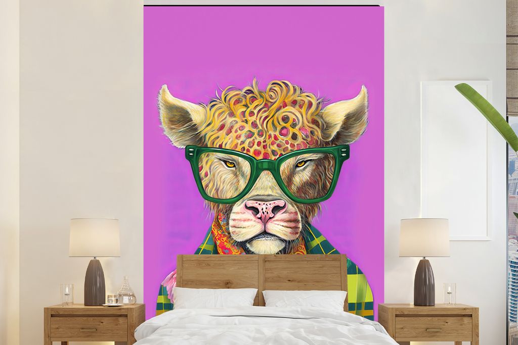 MuchoWow Fototapete für Wohnzimmer oder Schlafzimmer Wandtapete Vinyl Motivtapete Brille - Tier - Schottischer Highlander - Blumen - Hippie - 17...