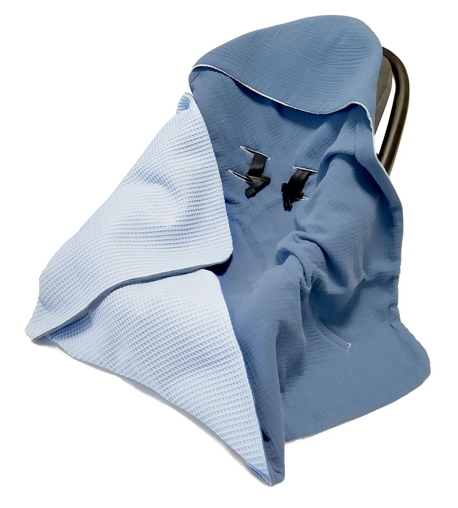Einschlagdecke 100% Baumwolle 90x90cm Sommer Babyschale Babydecke 2w1 Kapuzenhandtuch Autositz Kuscheldecke für Kinderwagen Musselin (Denim)