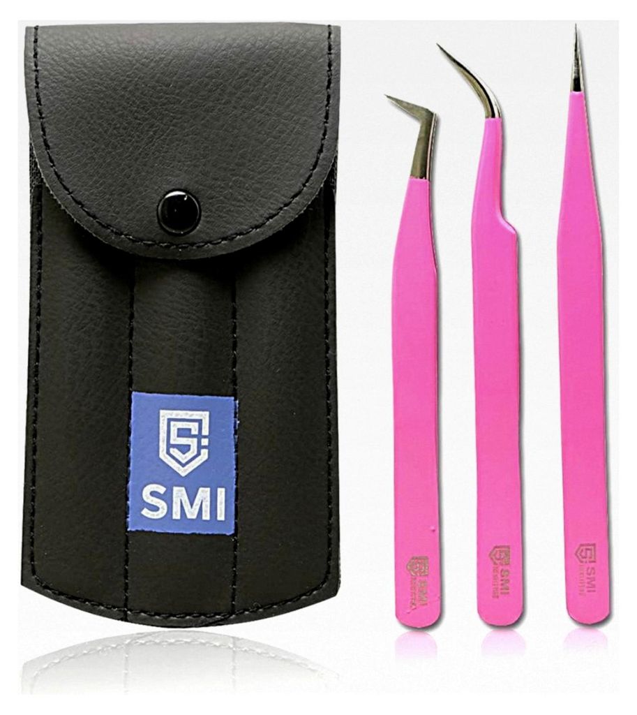 Wimpern Pinzette Set in Rosa – Wimpernverlängerung Pinzetten in gebogener und gerader Ausführung aus Edelstahl mit Etui