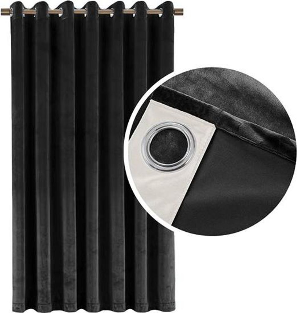 A close-up view of a black velvet curtain, showing the grommet detail.