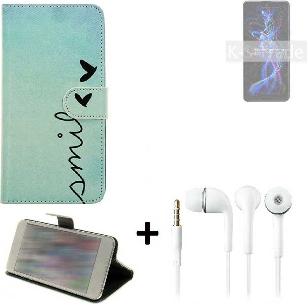 K-S-Trade Schutz Hülle Handy Hülle kompatibel mit Sharp Aquos R5G 360° Wallet Case Schutz Hülle ''smile'' inkl. Ohrstöpsel Smartphone cover