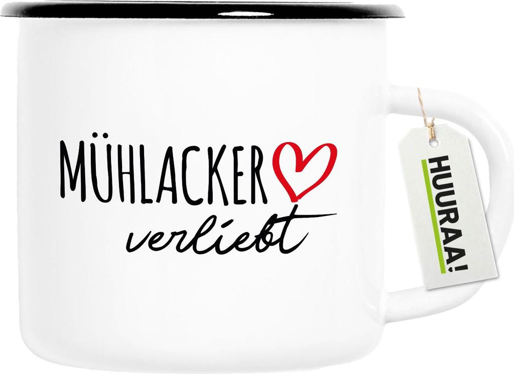Huuraa Emaille Tasse Mühlacker verliebt 300ml Vintage Campingbecher Geschenkidee