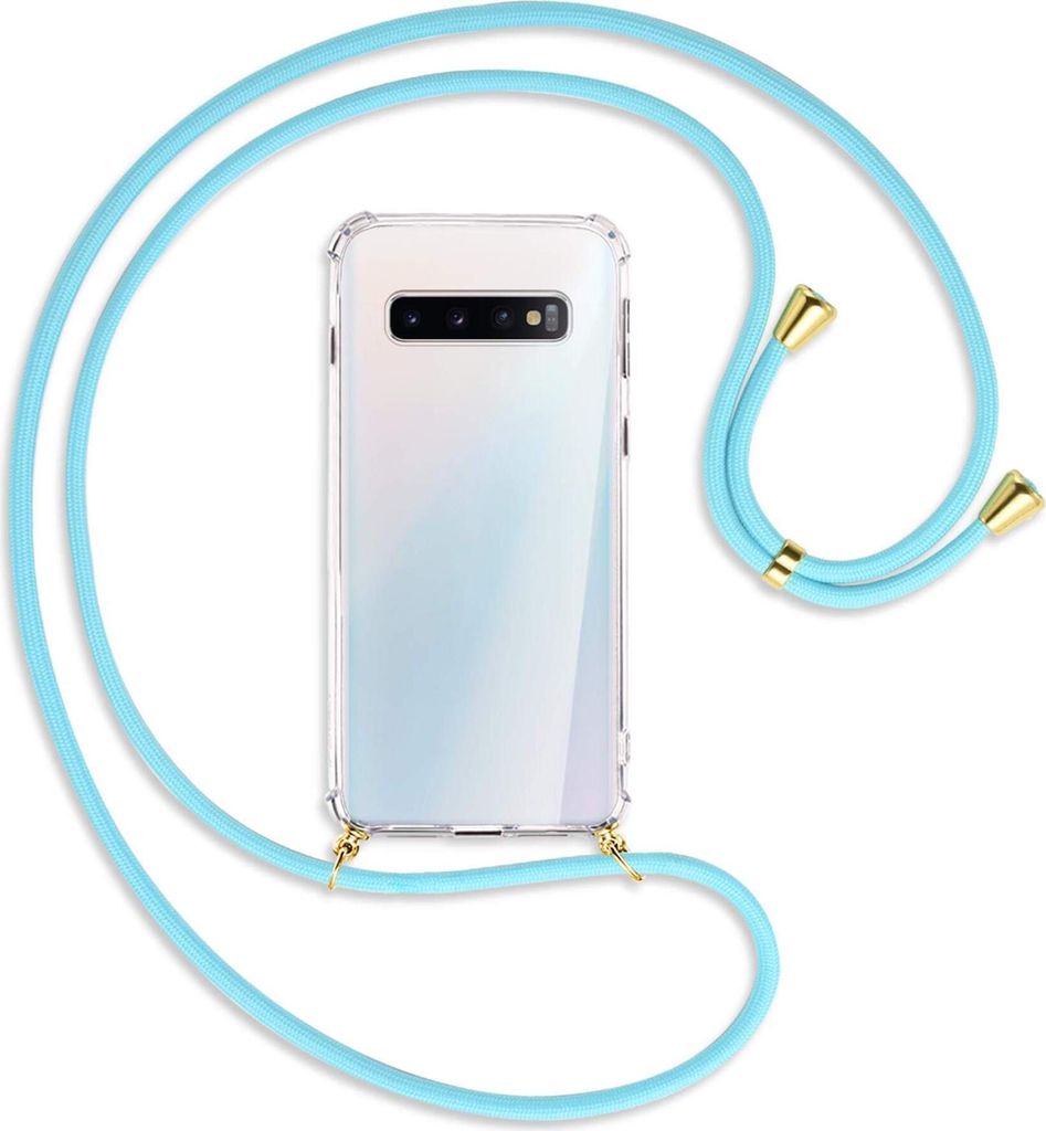 Handykette Backcover-Schutzhülle mit Band (Metall goldfarben) für Samsung Galaxy S10 - himmelblau