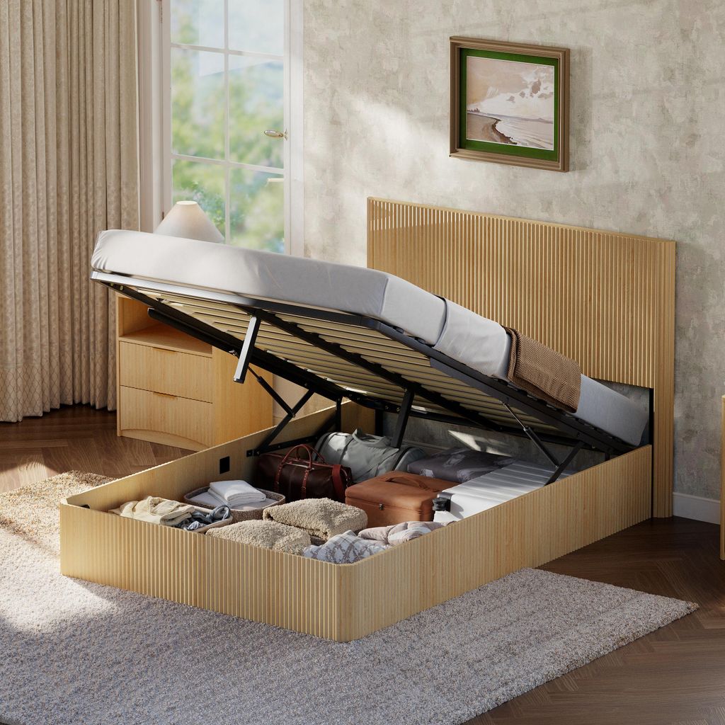 Bett 140x200 cm mit Rillenoptik & hydraulischem Lift – Stauraumbett in Eiche hell, MDF+Metall, großzügiger Stauraum, Massivholz-Latten, 210x156...
