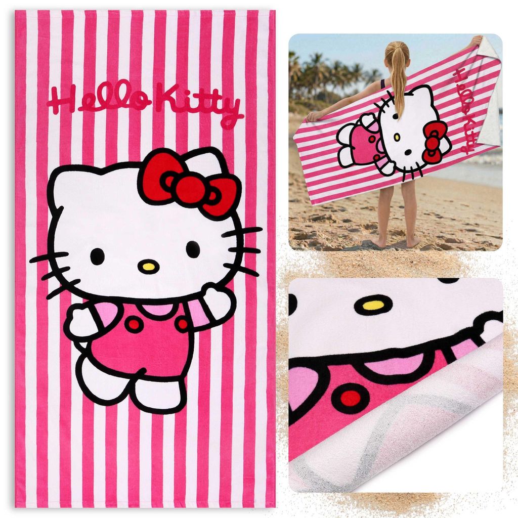 Hello Kitty schnelltrocknendes Strand- und Badetuch mit Streifenmuster aus 100 % Baumwolle, 70 x 140 cm