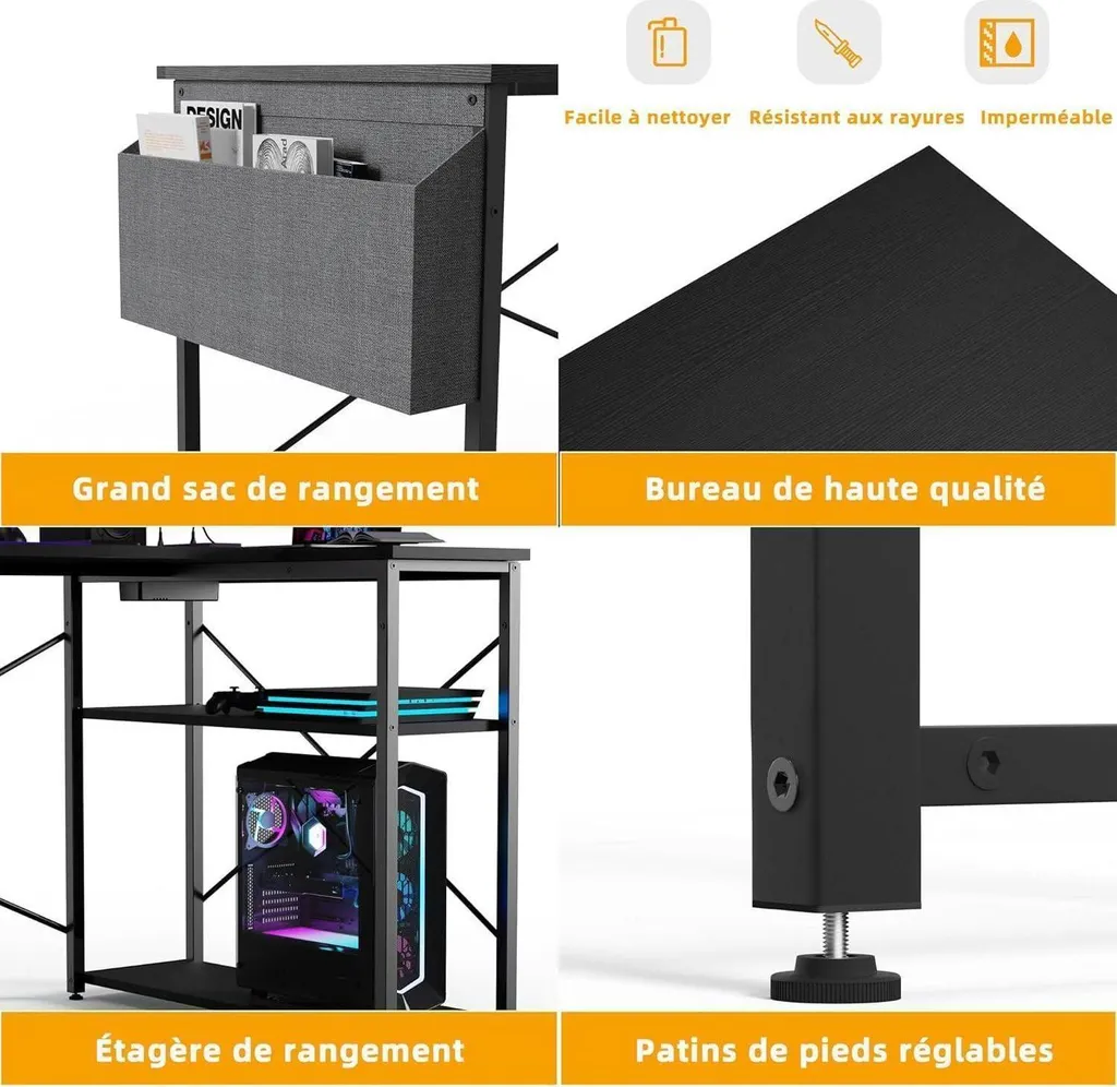 Bureau d'angle gamer 120 cm avec étagères pour configuration gaming PC