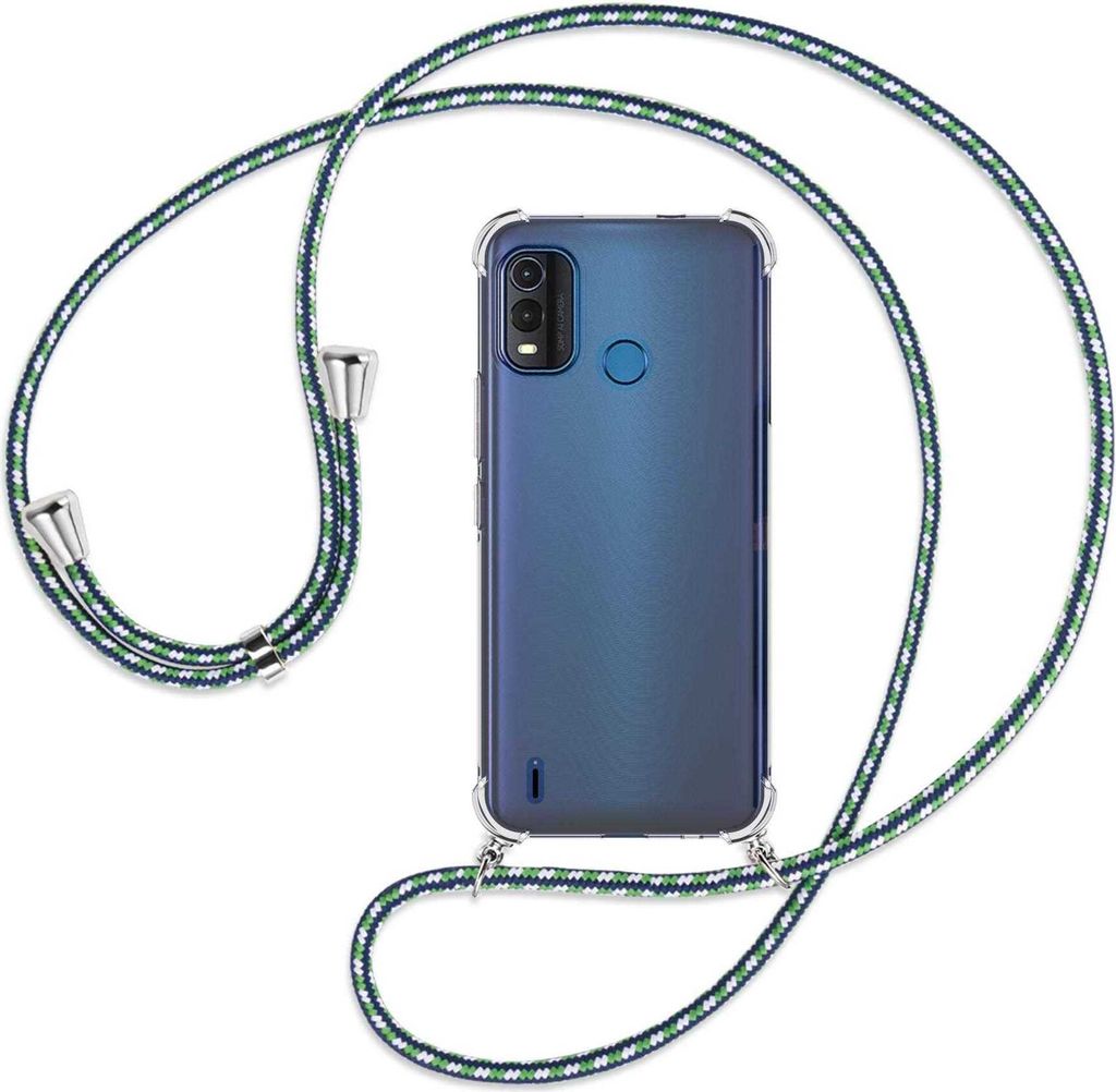 Handykette Backcover-Schutzhülle mit Band (Metall silberfarben) für Nokia G11 Plus (6.52'') - grün/blau/weiß