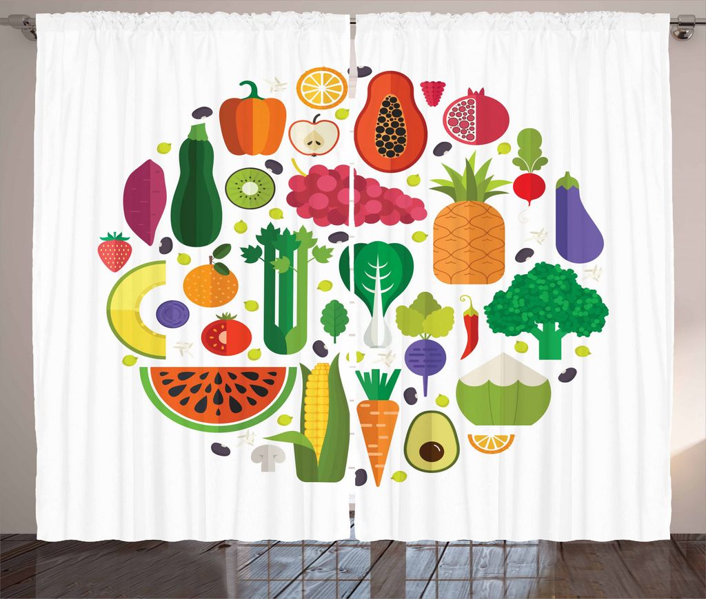 ABAKUHAUS Gemüse Kunst Rustikaler Gardine, Yummy Food Circle, Schlafzimmer Kräuselband Vorhang mit Schlaufen und Haken, 280 x 245 cm, Mehrfarbig