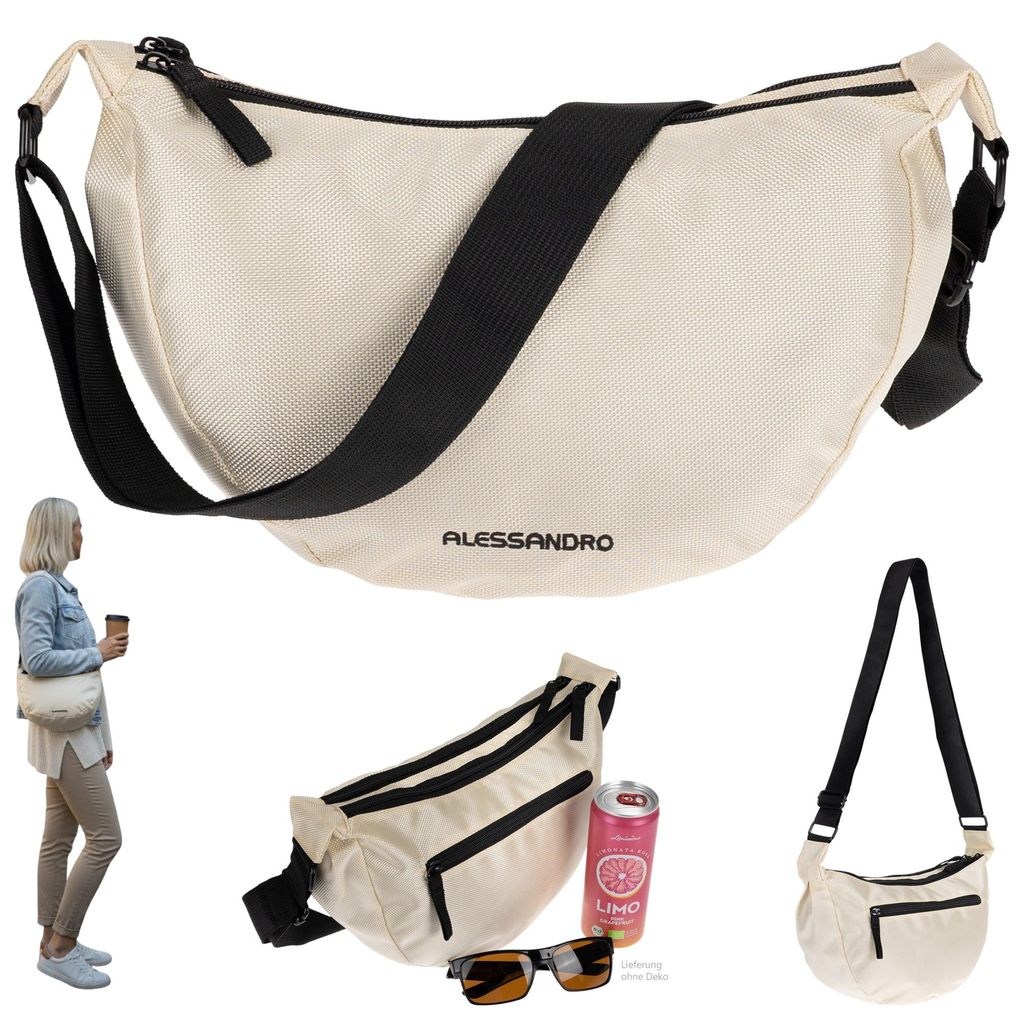 Handtasche Schultertasche Damen Freizeittasche Mond Form Tasche Bag Moon Schlinge Schultergurt Alessandro Mila Crossbody 4291 Beige Champagner + Etui