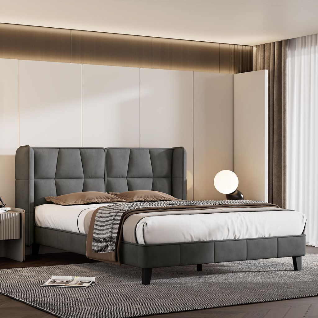 Polsterbett 140 x 200 mit Lattenrost und Kopfteil, Jugentbett, Holzlattenunterstützung, Einfache Montage, Samt, grau