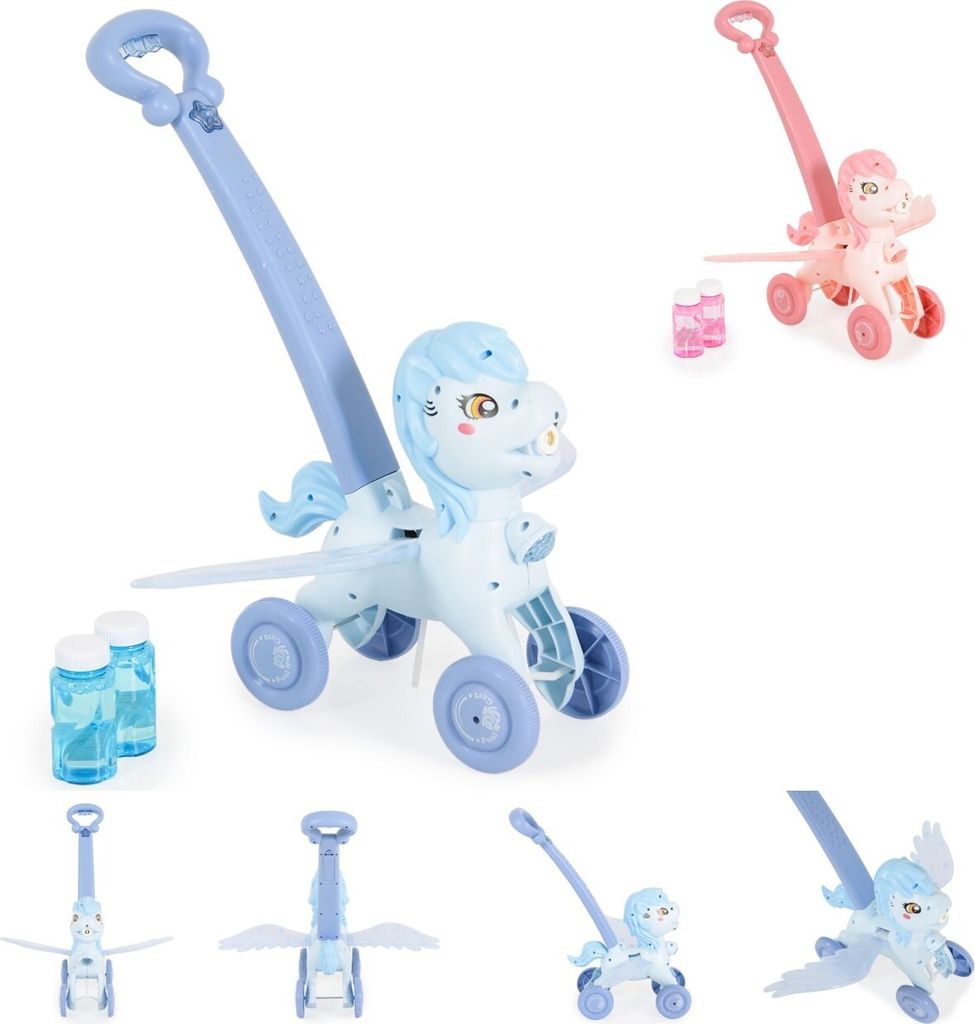 Moni Schiebespielzeug Pony Wings 40 cm hoch Seifenblasen bewegliche Flügel Musik blau